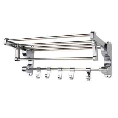 رخت آویز تاشو دیواری از جنس استیل کروم ضد زنگ با طبقه و میله آویز حوله و لباس