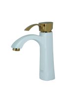 شیر روشویی شادمهر مدل دنیز سفید طلا با طراحی مدرن و جزئیات طلایی، مناسب سرویس بهداشتی لوکس.