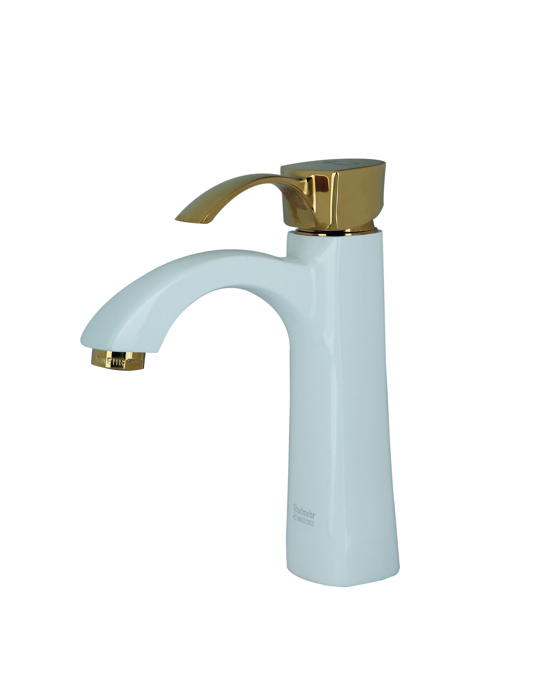 IMG_6617j شیر روشویی شادمهر مدل دنیز سفید طلا با طراحی مدرن و جزئیات طلایی، مناسب سرویس بهداشتی لوکس.