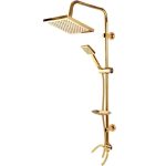 علم دوش حمام مربع طلایی براق دوکاره با طراحی مربع مدرن، شامل سردوش ثابت و دستی، شلنگ استیل و نصب آسان