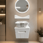 کابینت روشویی 40x40 سفید با آیینه گرد 50 سانتی‌متری