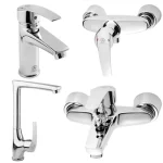 ست شیرآلات قهرمان مدل بهادر شامل شیر روشویی، شیر ظرفشویی، شیر حمام و شیر توالت با آبکاری کروم براق و طراحی مدرن.