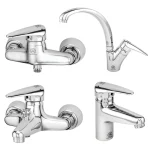ست شیرآلات قهرمان مدل ایتالیایی شامل شیر حمام، شیر روشویی، شیر توالت و شیر ظرفشویی با طراحی مدرن و آبکاری کروم براق