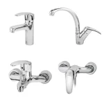 ست شیرآلات قهرمان مدل اسپانیایی رویال شامل شیر روشویی، شیر حمام، شیر توالت و شیر ظرفشویی با طراحی مدرن و آبکاری کروم براق