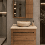 ست روشویی کابینتی طرح چوب با آینه باکس و سنگ طبیعی