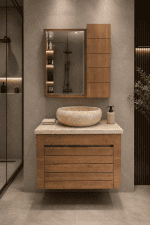 ست روشویی کابینتی طرح چوب با آینه باکس و سنگ طبیعی