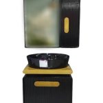 کابینت روشویی مشکی راش با آینه باکس PVC ضد آب، طراحی مدرن مناسب سرویس بهداشتی