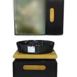 کابینت روشویی مشکی راش با آینه باکس PVC ضد آب، طراحی مدرن مناسب سرویس بهداشتی